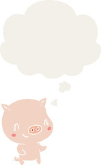 cartoon pig with thought bubble in retro style