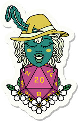 sticker of a half orc bard with natural twenty dice roll