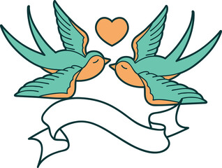 traditional tattoo with banner of swallows and a heart
