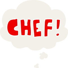 cartoon word chef with thought bubble in retro style