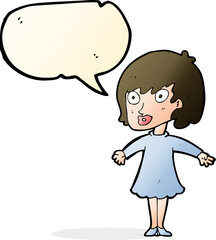 cartoon woman wearing dress with speech bubble