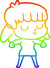rainbow gradient line drawing of a cartoon indifferent woman