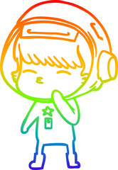 rainbow gradient line drawing of a cartoon curious astronaut