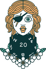 Retro Tattoo Style human rogue with natural twenty dice roll