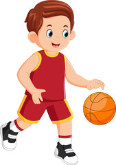 a young man playing basketball with a red basketball shirt