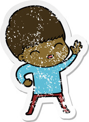 distressed sticker of a happy cartoon boy