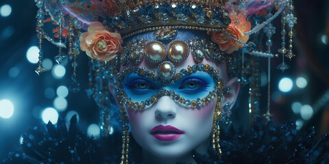 Fashion Frau Gesicht mit Kopfschmuck und edler Augen Maske, ai generativ