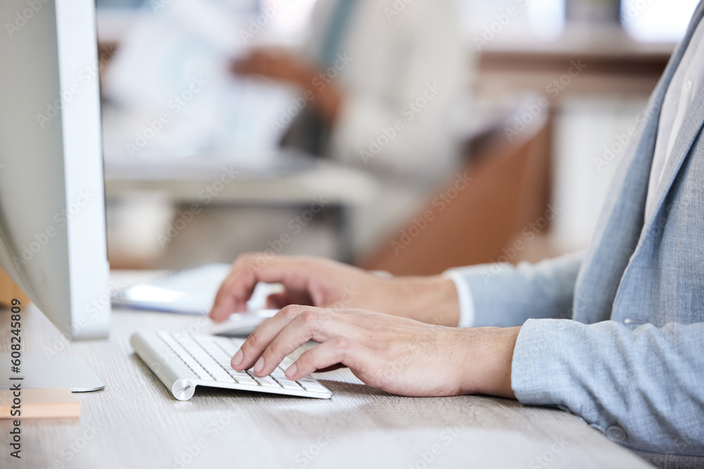 Aufkleber Research, hands and closeup of a businesswoman typing on a computer keyboard in the office. Technology, professional and female employee working on corporate company project with desktop in workplace