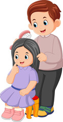 a father is combing his daughter's hair gently