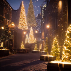 Obraz premium Town decorated with lighted Christmas trees. Generative AI
