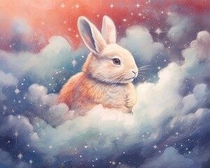 dreamy and ethereal watercolor print of a rabbit surrounded by floating clouds and stars. soft pastel shades and gentle brushstrokes to create a sense of tranquility and enchantment