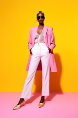 Stylish black young woman with short hair. Pink coat, white trousers, gold heels.  Space for text. Isolated yellow background. 