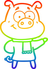 rainbow gradient line drawing of a happy cartoon pig wearing rainbow clothes