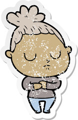 distressed sticker of a cartoon calm woman