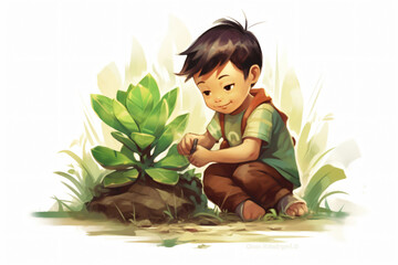 Obraz na płótnie Canvas illustration of kid playing plant made with Generative AI