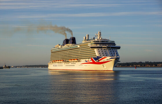 Netley England 12 June 2022 - Cruise ship Britannia on sail to the Mediterranean. Large passenger cruise ship. Holiday and cruise industry image  