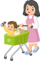 a mother is happily shopping at the supermarket with her son with a shopping cart