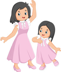a mother is teaching her daughter to dance and wearing a pink dress