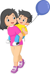 a mother walking with her son behind her back and carrying a balloon