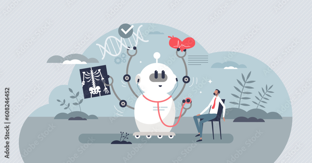 Poster artificial intelligence and ai usage in healthcare tiny person concept. medicine automation technolo