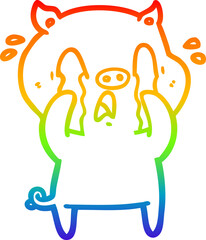 rainbow gradient line drawing of a crying pig cartoon