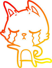 warm gradient line drawing of a crying cartoon cat pointing
