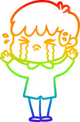 rainbow gradient line drawing of a cartoon boy crying