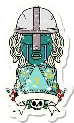 Retro Tattoo Style crying orc fighter character with natural one D20 roll