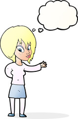 cartoon woman making welcome gesture with thought bubble