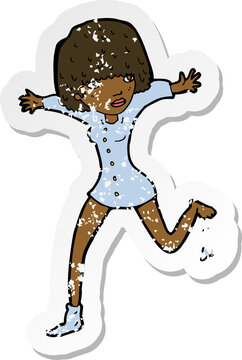 recommend clip art: retro distressed sticker of a cartoon woman kicking off sock