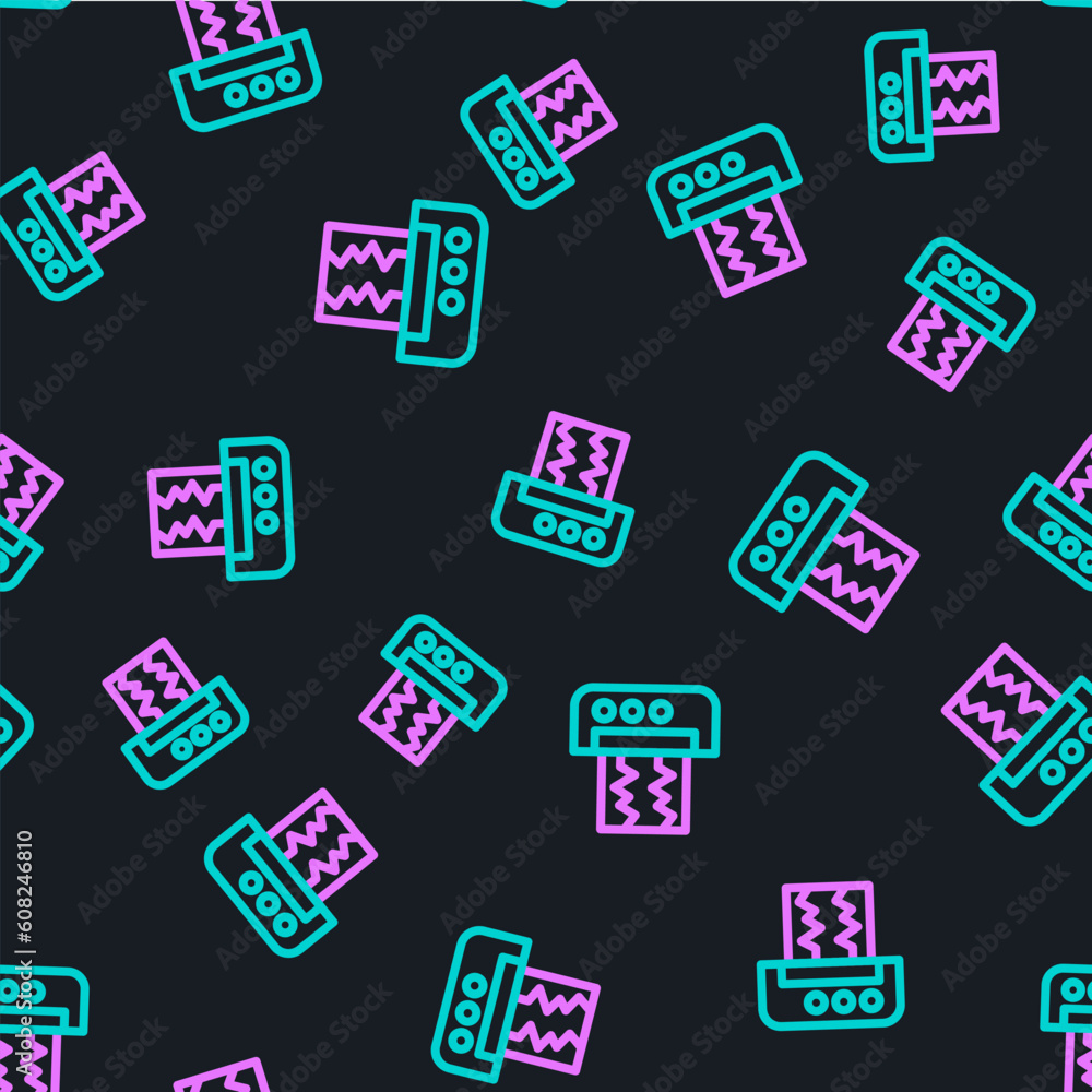 Poster line seismograph icon isolated seamless pattern on black background. earthquake analog seismograph. 