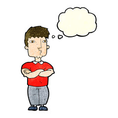 cartoon man with crossed arms with thought bubble