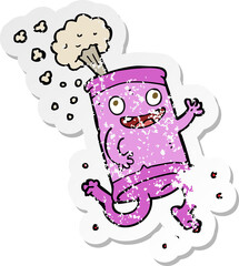 retro distressed sticker of a cartoon crazy soda can