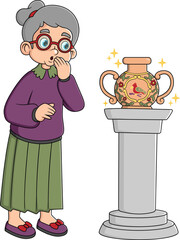old woman looking historical items, ancient vases and urns