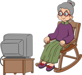 Old woman sitting in an rocking chair and watching TV