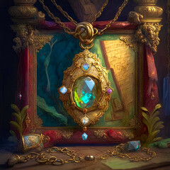 The image of an ancient jewelry, a precious stone in a gold frame. Generative AI
