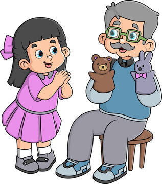 a grandfather laughing happily with his granddaughter was storytelling using hand puppets