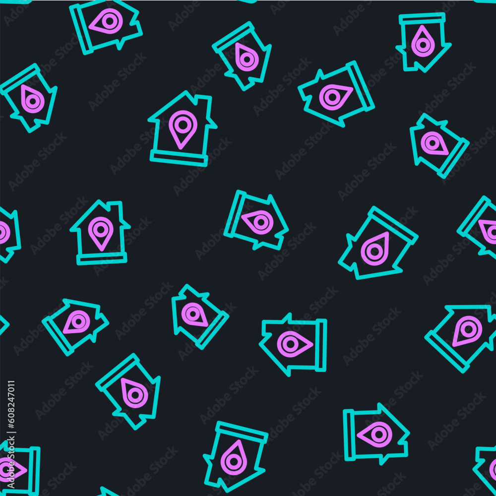 Poster line map pointer with house icon isolated seamless pattern on black background. home location marker