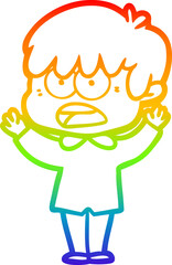 rainbow gradient line drawing of a worried cartoon boy