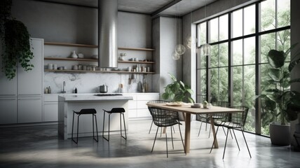 Modern spacious loft kitchen with breakfast bar and dining area. Minimalistic interior, concrete walls and floor, white facades, floor-to-ceiling panoramic windows. Generative AI