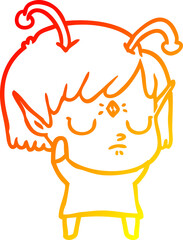 warm gradient line drawing of a cartoon alien girl