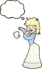 cartoon victorian woman dropping handkerchief with thought bubble