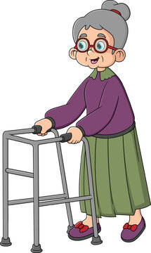 Old woman walking with zimmer frame. Clipart image isolated on white background