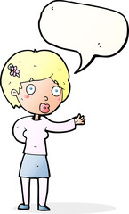 cartoon waving woman with speech bubble