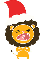 hand drawn flat color illustration of a lion wearing santa hat