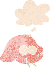 cartoon elephant face with thought bubble in grunge distressed retro textured style