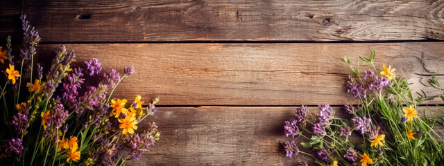 Wildflowers and wooden table background. Generative AI,