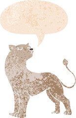 cartoon lioness with speech bubble in grunge distressed retro textured style