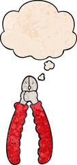 cartoon pliers with thought bubble in grunge texture style