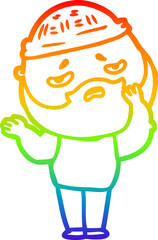 rainbow gradient line drawing of a cartoon worried man with beard